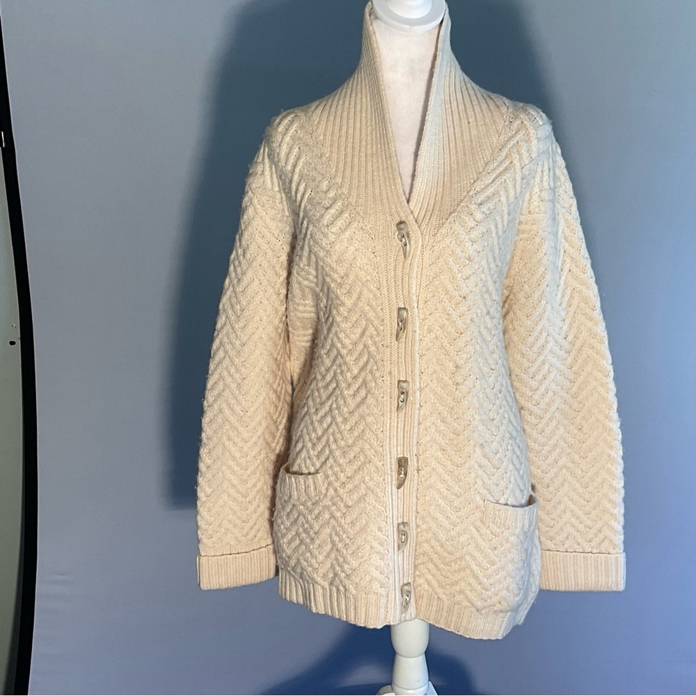 Nordic Design 100% Wool Shawl Collar Cardigan Cream Chunky Knit L - Picture 5 of 14